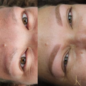 Antes e depois (neutralização dcom pigmento Hot Repair) de uma sobrancelha clara em uma clinte de pele clara e olhos verde-claros