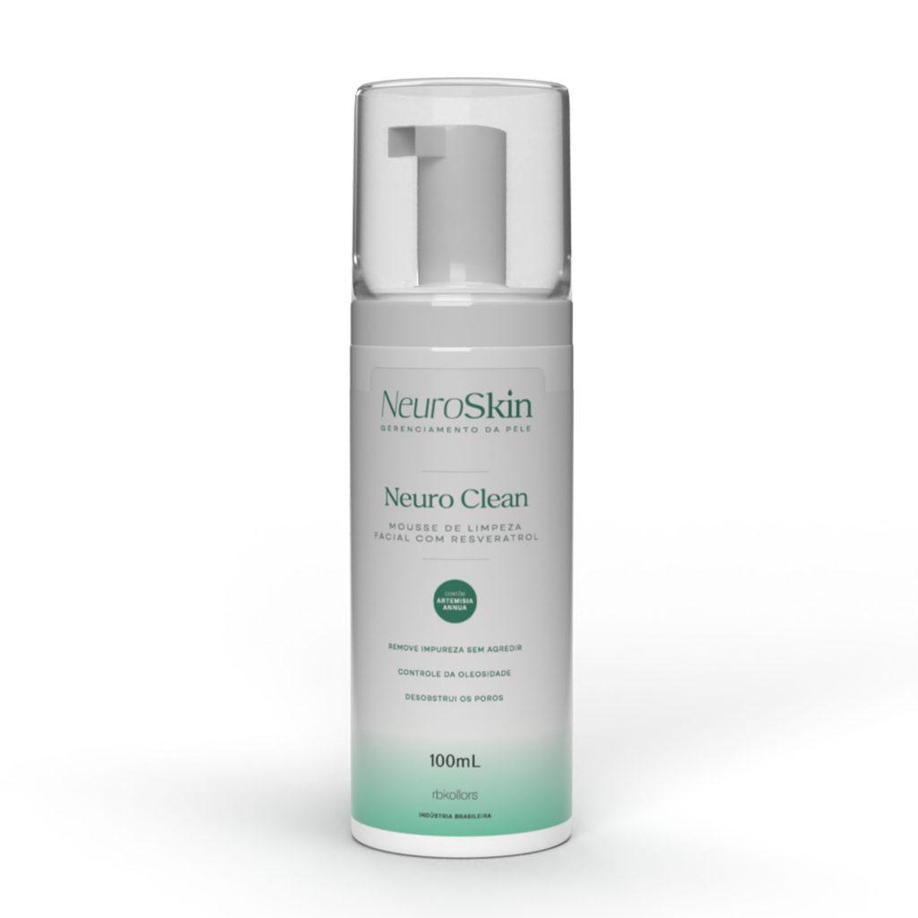 Frasco branco de 100ml do produto Neuro Clean Mousse de Limpeza Facial, com tampa transparente. O rótulo detalha os benefícios de remoção de impurezas, controle de oleosidade e desobstrução de poros, contendo Resveratrol