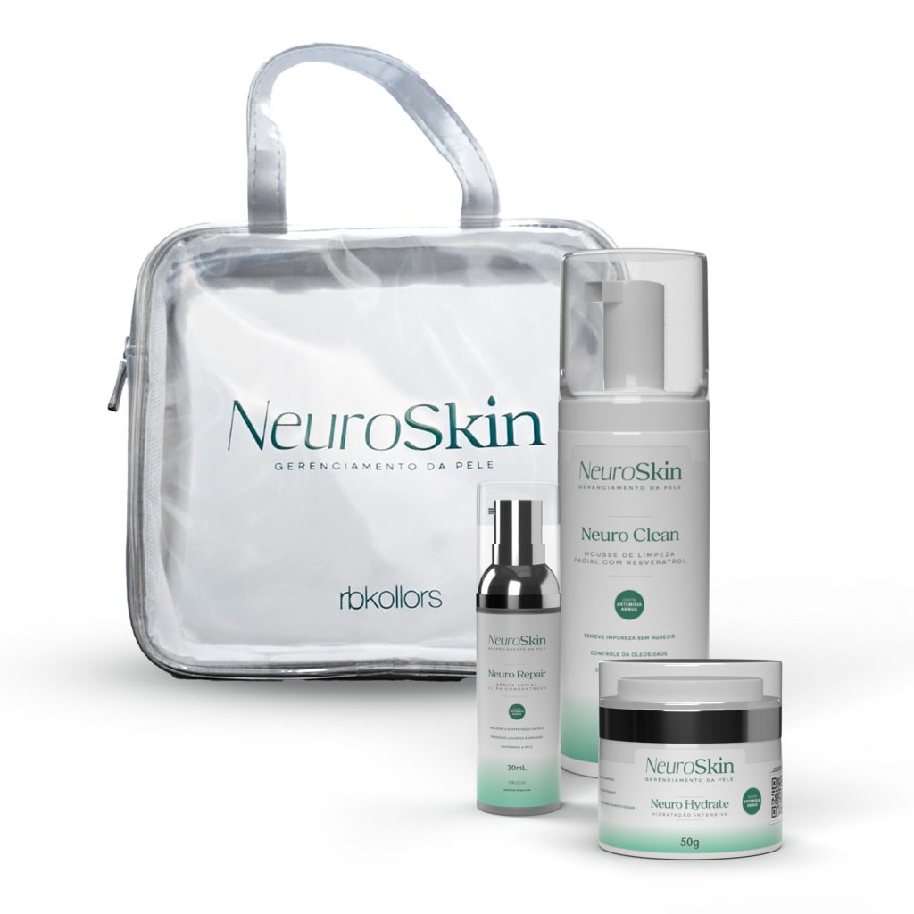 Kit completo de skincare NeuroSkin em uma necessaire transparente. O kit inclui o Neuro Clean (mousse de limpeza), Neuro Repair (sérum) e Neuro Hydrate (creme), produtos para rotina facial completa.