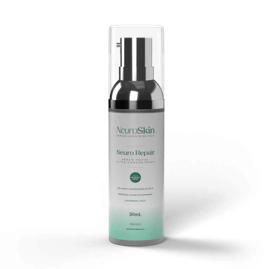 Neuro Repair Sérum Facial Ultra Concentrado com pump prateado. O rótulo detalha os benefícios para linhas de expressão, sustentação e uniformização da pele